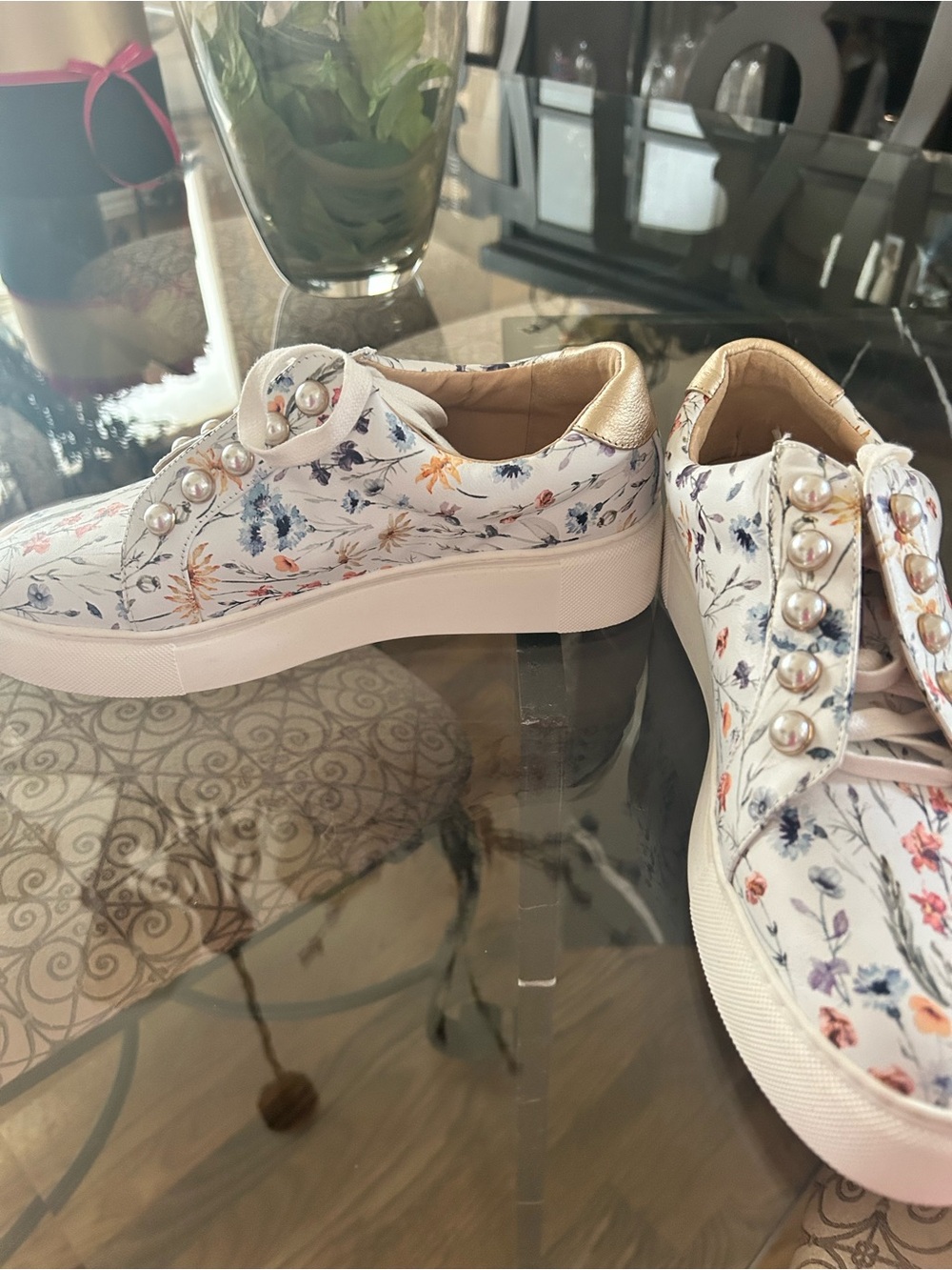 Alex Marie White Floral Sneakers with Pearl Eyelets - Picture 4 of 5